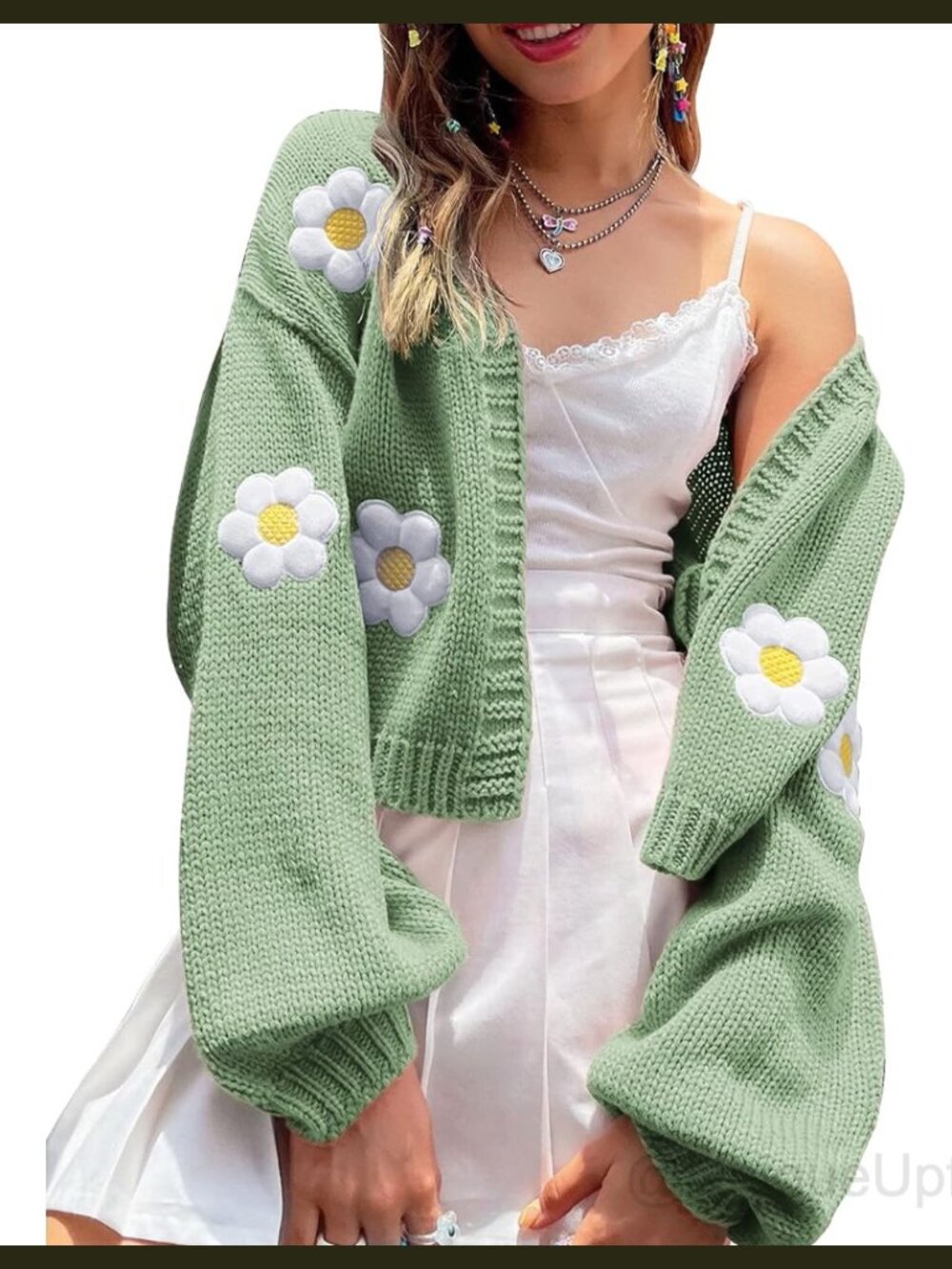 Womens Cropped Cardigan Shrug Acrylic Knit Daisy Floral Y2K Layering Sweater